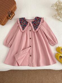Emery Rose Kids Emery Rose Kids 女童纯色拼接碎花彼得潘领休闲连衣裙，女童春秋法式连衣裙，秋装，舒适秋冬款式，圣诞节，秋季服装，长袖，秋季连衣裙，女童碎花蕾丝领连衣裙，舒适秋冬款式，秋季，粉色连衣裙，秋季连衣裙，长袖 - 粉色 - 查看 6
