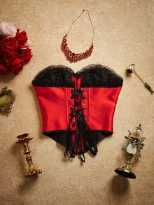PinupPomp Vintage Palace Style Lace-Up Corset Top, Ruffle Trim Fishbone Bustier - Red - View 9
