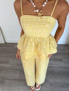 SHEIN Teen Girl Casual Vacation Spaghetti Strap Yellow Textured Print Camisole And Long Pants 2 Pieces Set - Yellow - View 1