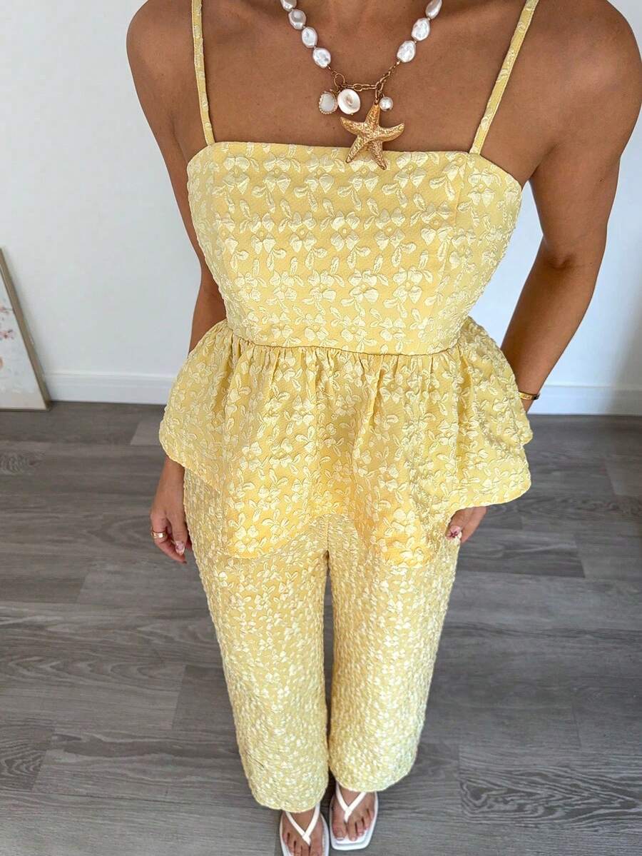 SHEIN Teen Girl Casual Vacation Spaghetti Strap Yellow Textured Print Camisole And Long Pants 2 Pieces Set - Yellow - View 1