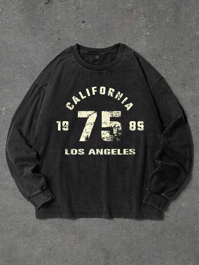 Manfinity EMRG 男士休闲宽松落肩长袖T恤，印有数字和字母，时尚街头风，适合日常通勤，春秋季穿着