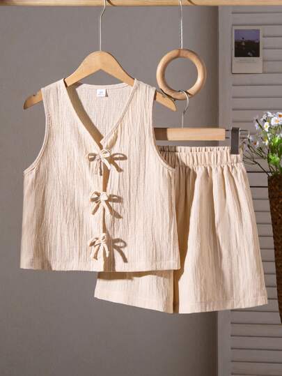 SHEIN 2pcs/Set Girls Sleeveless Woven Striped Tank Top With Bow Decor & Elastic Waist Loose Casual Shorts, Summer Kids Long Sleeve Summer Sets Linen Linen Two Piece Set Linen Suit For Girls Girls Blouse Set Summer Two Piece Set For Girls