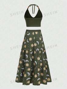 ROMWE Hippie Ladies' Sun Pattern Halter Top And Skirt Set - Army Green - View 2