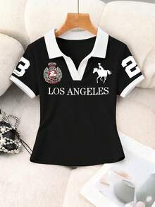 Rovax 女士休闲撞色滚边字母印花 Polo 领短袖露脐上衣，夏季 - 黑色 - 查看 4