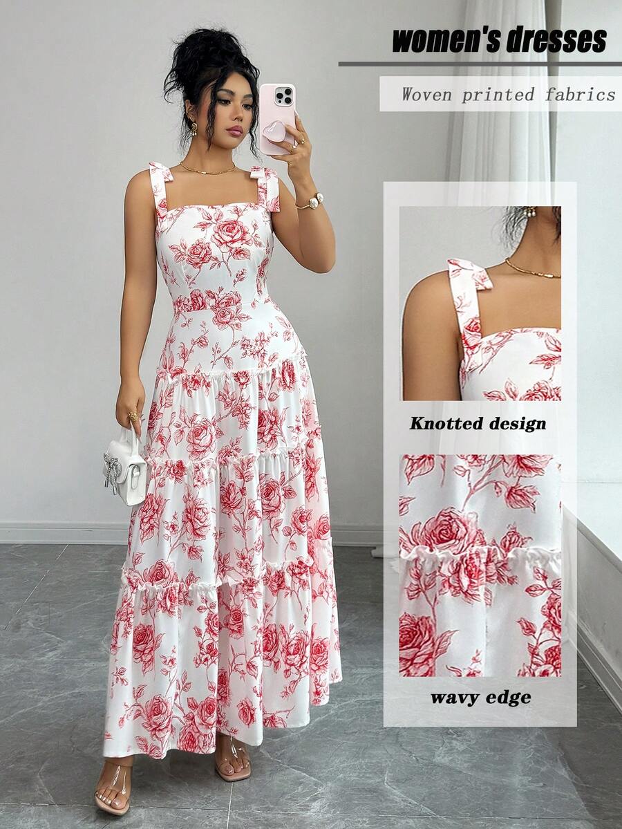 Elenzga 浪漫红色花卉印花吊带蝴蝶结叠层长裙，优雅休闲度假街头风，春夏款 - 紅色 - 查看 1