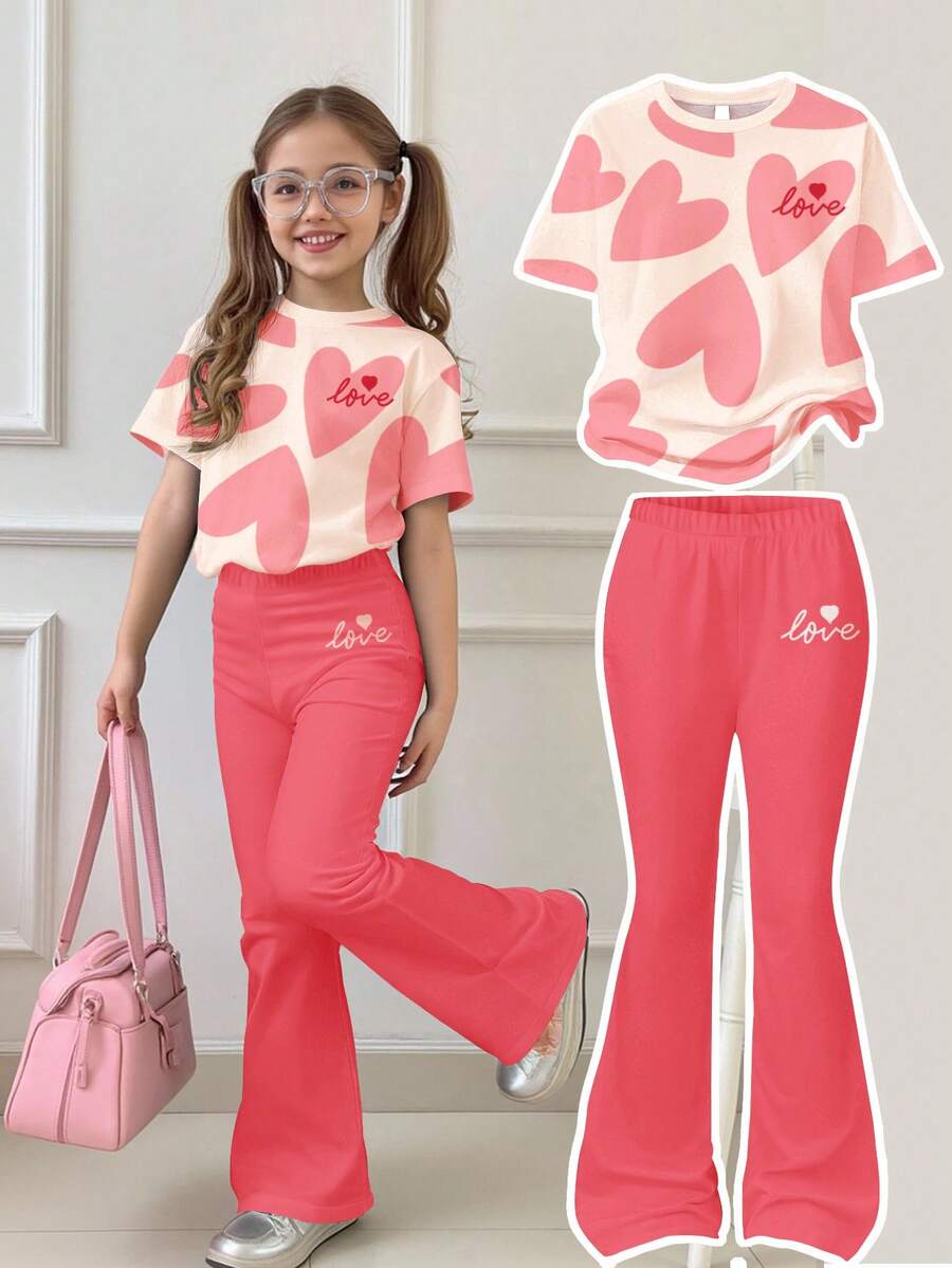 Bộ đồ 2 món màu hồng nhạt cho bé gái tuổi teen, kiểu dáng rộng rãi, cổ tròn, tay ngắn và quần ống loe, họa tiết trái tim hình học trừu tượng, thoải mái cho mặc hàng ngày, đi du lịch, nghỉ lễ, ngày Valentine, mùa xuân và mùa hè. - trắng - Xem 1