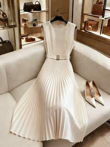 Franclia 女士纯色珍珠装饰简约无袖连衣裙，日常穿着 - 杏色 - 查看 4