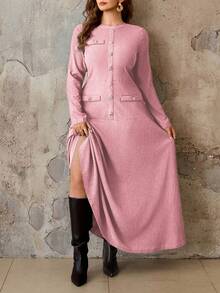 Roveilla 大码女士优雅复古法式风格商务通勤纯色纹理面料圆领前金属纽扣腰部A字长袖连衣裙，适合派对、万圣节、圣诞节、感恩节、下午茶、新年等场合。 - 粉色 - 查看 3
