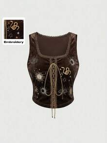 ROMWE EDITION Women's Witch Day Moon & Star Embroidered Velvet All-Match Fitted Tank Top - Brown - View 2