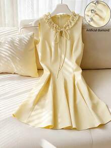 GlowEve 时尚新款纯色领带装饰腰部A字短裙，通勤时尚，优雅休闲办公A字裙，派对，假日，精致日常通勤，约会 - 淡黃色 - 查看 1