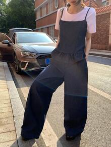 FRIFUL Women's Casual Denim Camisole Top With Ruffle Hem And Denim Pants Set, Summer Spring - Blue - View 7
