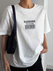 DAZY Camiseta de manga corta de mujer con cuello redondo, estampado de letras y números, de uso casual y versátil para uso diario - Blanco - Ver 5