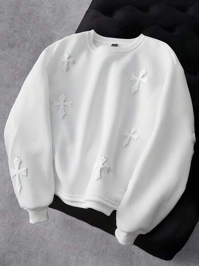 Manfinity EMRG Men's Street-Style Popular INS Matching Cross Full Embroidery Sweatshirt, Suitable For Music Festivals, Nightclubs, Bars, Boyfriend/Husband Gifts, Anniversary Gifts, White Crew Neck , White Sweatshirt , Cross Sweatshirt , Graphic Sweatshirt , Embroidered Sweatshirt , Cross Embroidered Sweatshirt, Fall Winter