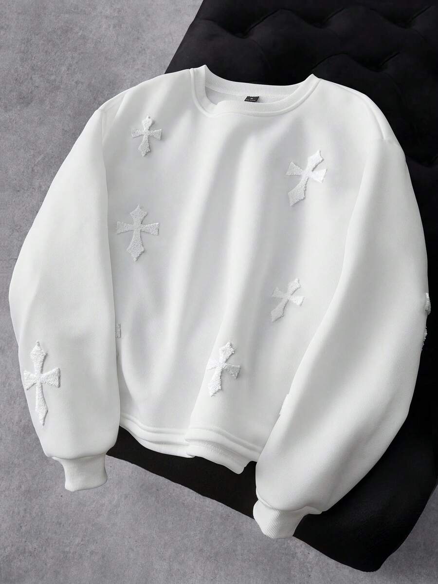 Manfinity EMRG Men's Street-Style Popular INS Matching Cross Full Embroidery Sweatshirt, Suitable For Music Festivals, Nightclubs, Bars, Boyfriend/Husband Gifts, Anniversary Gifts, White Crew Neck , White Sweatshirt , Cross Sweatshirt , Graphic Sweatshirt , Embroidered Sweatshirt , Cross Embroidered Sweatshirt, Fall Winter