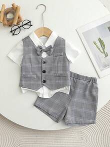 3 piezas Conjunto formal de caballero para niños pequeños: Polo de punto blanco con moño, chaleco de bolsillo decorativo a cuadros y pantalones cortos de cintura elástica, elegante y de moda, adecuado para fiesta de cumpleaños, bautizo, celebración del 1er cumpleaños, ocasiones formales, cena, actuación, boda, atuendo de paje, verano - Multicolor - Ver 3