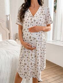 Moonlight&Mama 优雅碎花领胸袋短袖孕妇舒适面料连衣裙睡衣 - 彩色 - 查看 3