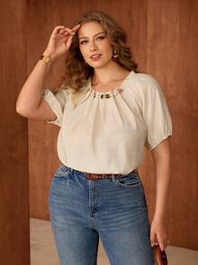 Roveilla Plus Size Women's Beige Summer Elegant Tea Party Blouse,Linen Round Neck Beaded Pleated Raglan Sleeve Loose Fit Elastic Cuff Tops,Vintage French Style - Apricot - View 6