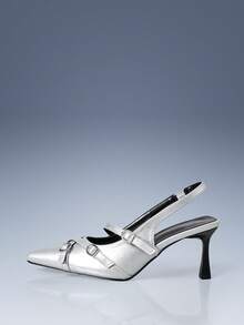 CUCCOO GRLICON Sapatos femininos de salto alto agulha com bico fino, salto laqueado, tira no tornozelo com fivela decorativa, salto alto prateado sexy e elegante para festas de Natal. - Prata - Ver 2