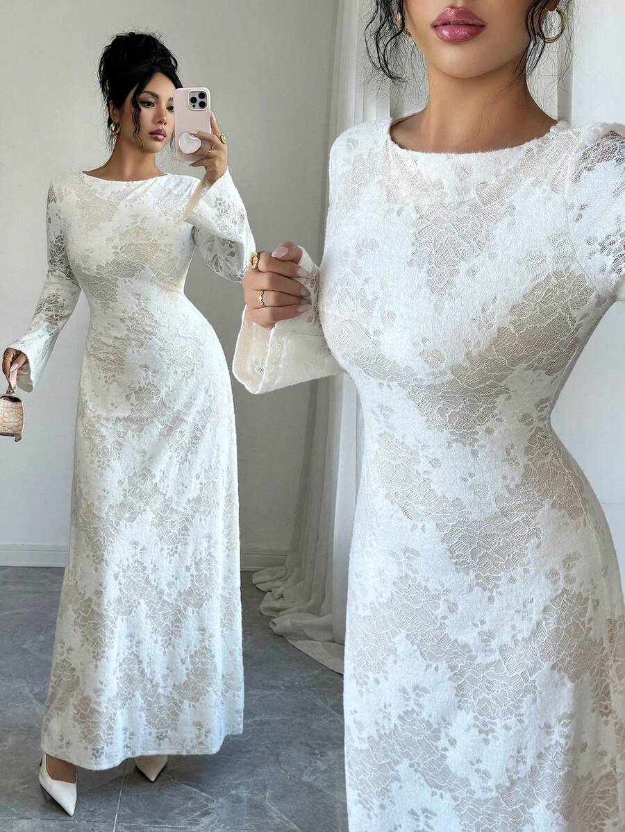 Elenzga 优雅浪漫时尚百搭圆领插肩长袖喇叭袖口蕾丝拼接针织面料修身A字连衣裙，女士 - 杏色 - 查看 1