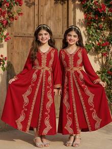 SHEIN Đầm đen sang trọng thêu hoa vàng lấp lánh dành cho bé gái tuổi teen, kiểu dáng cổ điển thanh lịch và đa năng. - Màu Đỏ Sâu - Xem 1