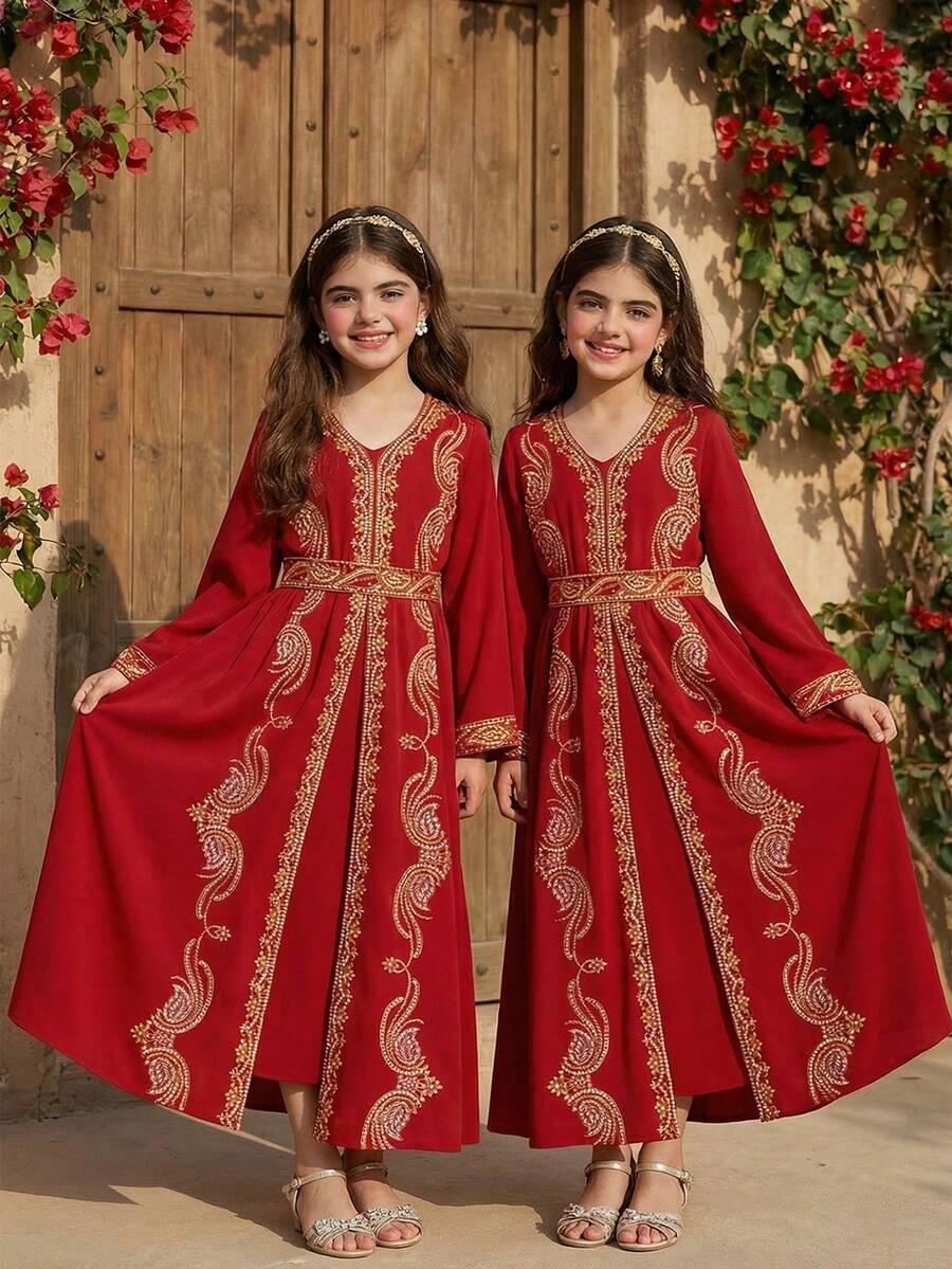 SHEIN Đầm đen sang trọng thêu hoa vàng lấp lánh dành cho bé gái tuổi teen, kiểu dáng cổ điển thanh lịch và đa năng. - Màu Đỏ Sâu - Xem 1