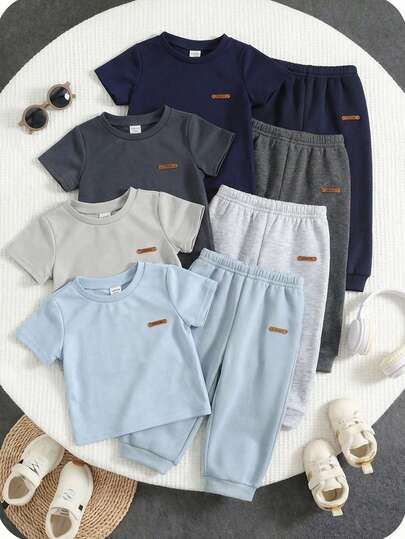 SHEIN 4pcs/Set Unisex Baby Basic Solid Color Crew Neck Short Sleeve T-Shirt Knit Tops Set, Comfortable Casual Versatile Suitable For Spring/Summer Indoor Daily And Outdoor Activities