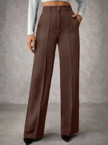 EURMUSE Women's Solid Pleated Seam Detailed Suit Pants - Chocolate Brown - View 3