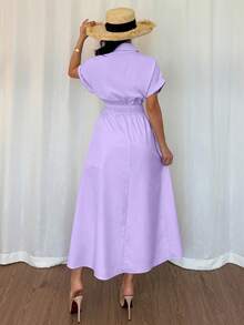 Rafferiza 女士休闲短袖衬衫裙，纽扣前襟设计，插肩袖，腰部收紧 - 紫色 - 查看 2