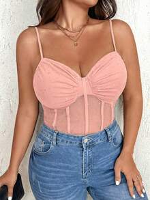 NU&NOW Plus Size Sexy Mesh Patchwork Rhinestone Decor Camisole, Summer - Baby Pink - View 3