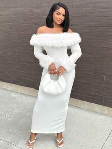 Alexandranx Apricot Off Shoulder Fuzzy Bodycon Long Sleeve Sweater Dress, Thermal Lined Thick Autumn/Winter Dress, Apricot Sexy Off Shoulder Maxi Dress, Date Night Dress, Birthday Dress, Nightclub Party Dress, Suitable For Halloween, Christmas, Date Party, Elegant Printed Dress - Apricot - View 5