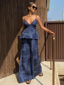 Livesso 女士性感沙滩度假佩斯利围巾拼接印花荷叶边吊带背心和阔腿裤套装 - 藍色 - 查看 6