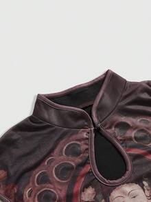 ROMWE Avant Spring/SummergraphicVintage Neo-Chinese Style Mesh Print Mandarin Collar Top - Multicolor - View 7
