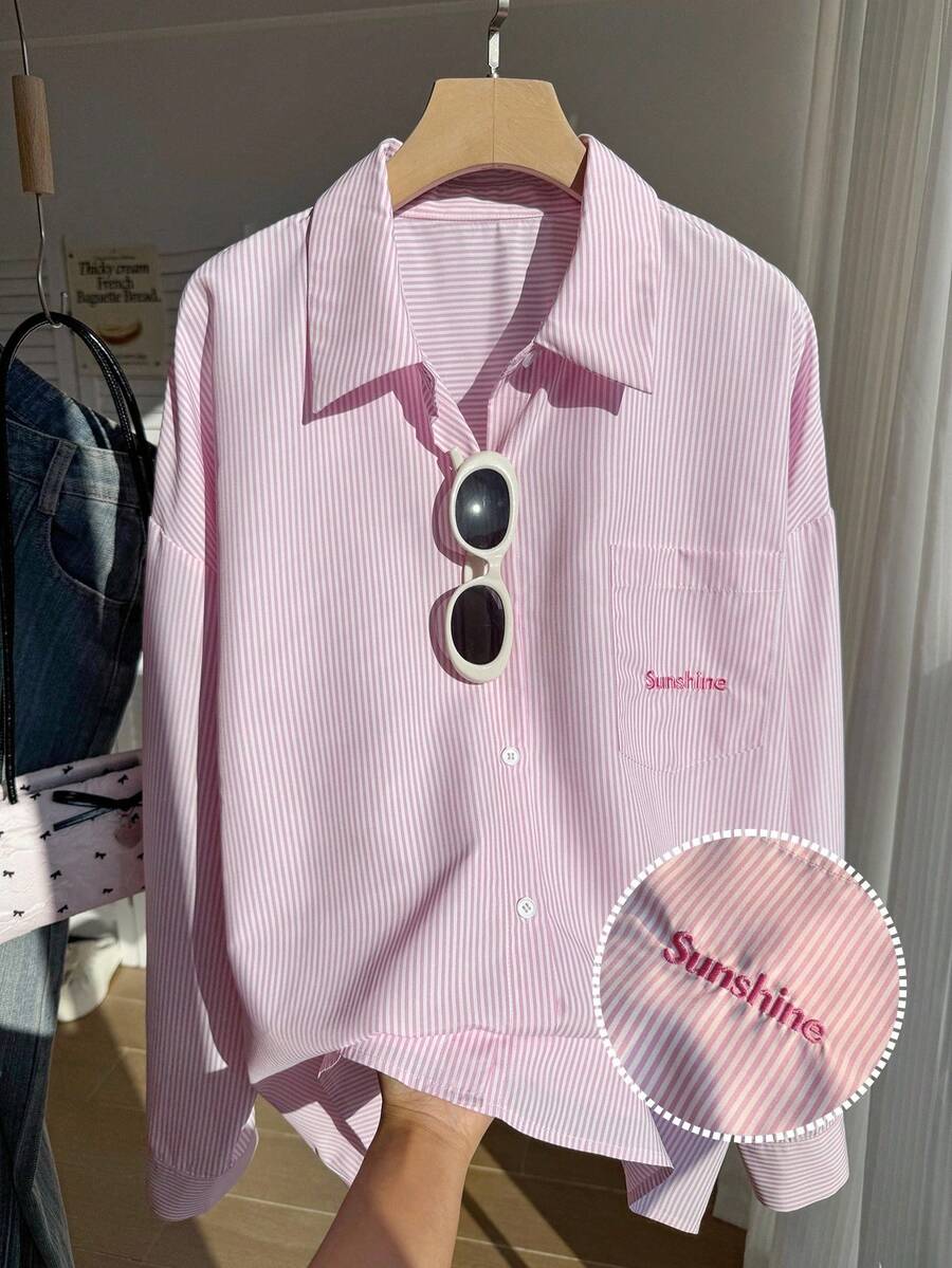 Comfortcana 大码休闲条纹字母刺绣衬衫 - 粉色 - 查看 1