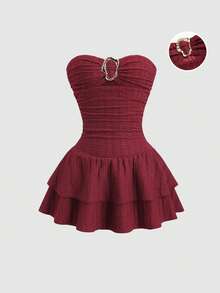 Sweetra Women's Sexy Burgundy Strapless Metal Buckle Ruched Ruffle Hem Mini Dress,Valentines Day Dress, Birthday Dresses For Women ,Red Dresses Bustier Dress