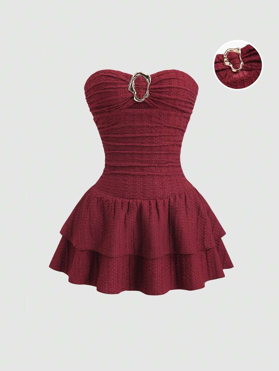 Sweetra Women's Sexy Burgundy Strapless Metal Buckle Ruched Ruffle Hem Mini Dress,Valentines Day Dress, Birthday Dresses For Women ,Red Dresses Bustier Dress