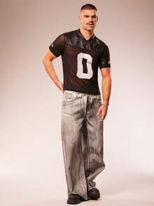 FeverCity Sexy Mesh Sheer V-Neck Faux Leather Crop Top, See-Through Short Sleeve T-Shirt - Black - View 6