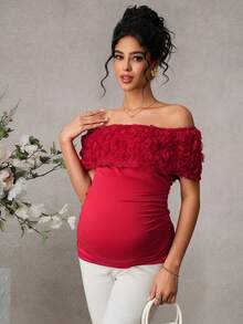 Momance Maternity 3D Rose Flower Off-Shoulder Fitted T-Shirt