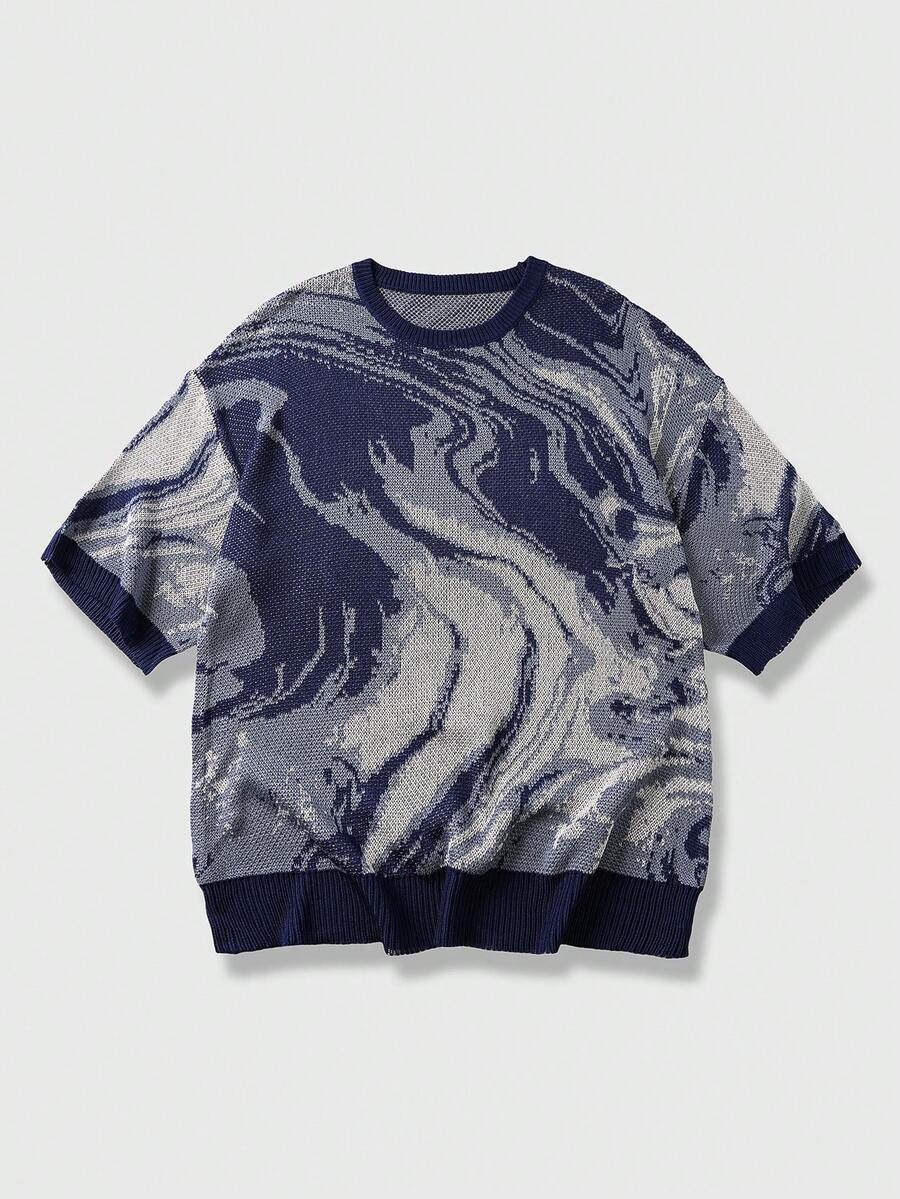 ROMWE MEN Street Life Camiseta de punto de cuello redondo de manga corta con contraste de color para hombre - Azul - Ver 1