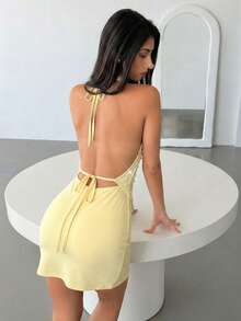 Aloruh Women's New Arrival Solid Light Yellow/Cream Beaded Party Sexy Elegant Romantic Ruffle Neck Camisole, Spring/Summer - Yellow - View 3