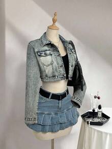 Elamini Áo khoác denim nữ dáng ngắn, thời trang thường ngày, kiểu dáng đường phố, có túi nắp gập cài khuy. - Màu xanh bụi bặm - Xem 3