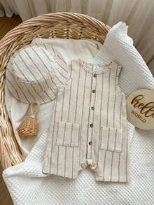 Baby Boy Striped Single-Breasted Round Neck Pocket Casual Sleeveless Romper - Multicolor - View 7