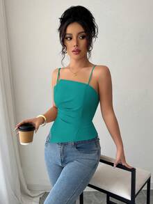 Elenzga Elegante y lindo top de mujer con diseño plisado - Azul - Ver 3