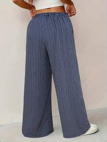 Rustia 大码女式法式休闲优雅条纹宽松裤 - 藏蓝色 - 查看 2