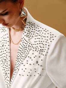 Arave 女士优雅约会之夜西装外套，饰有手工水晶设计和宽松廓形 - 白色 - 查看 7