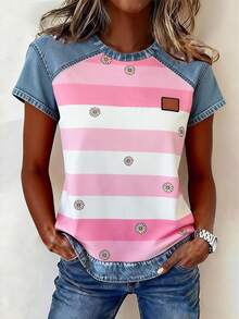 EMERY ROSE Women's Casual Fashion Street Vacation Style Daisy Contrast Stripe Print Short Sleeve T-Shirt - Multicolor - View 1