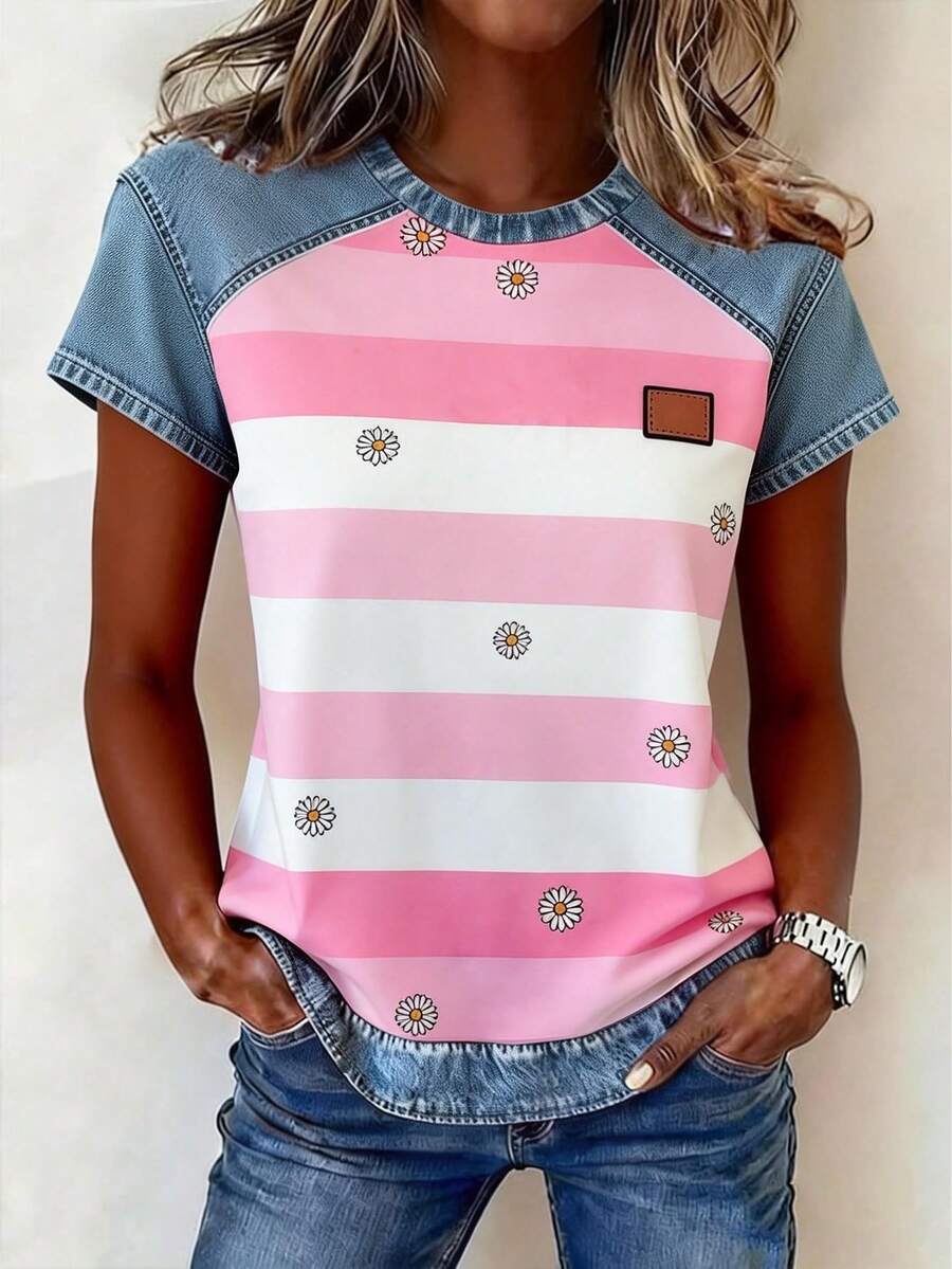 EMERY ROSE Women's Casual Fashion Street Vacation Style Daisy Contrast Stripe Print Short Sleeve T-Shirt - Multicolor - View 1