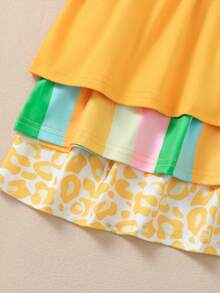 SHEIN Bộ 3 váy không tay cho bé gái, váy maxi co giãn họa tiết da báo và sọc, nhiều màu sắc phù hợp cho kỳ nghỉ hè và tiệc tùng, kiểu dáng thường ngày, họa tiết da báo và hoa, áo hai dây co giãn. - trái cam - Xem 3