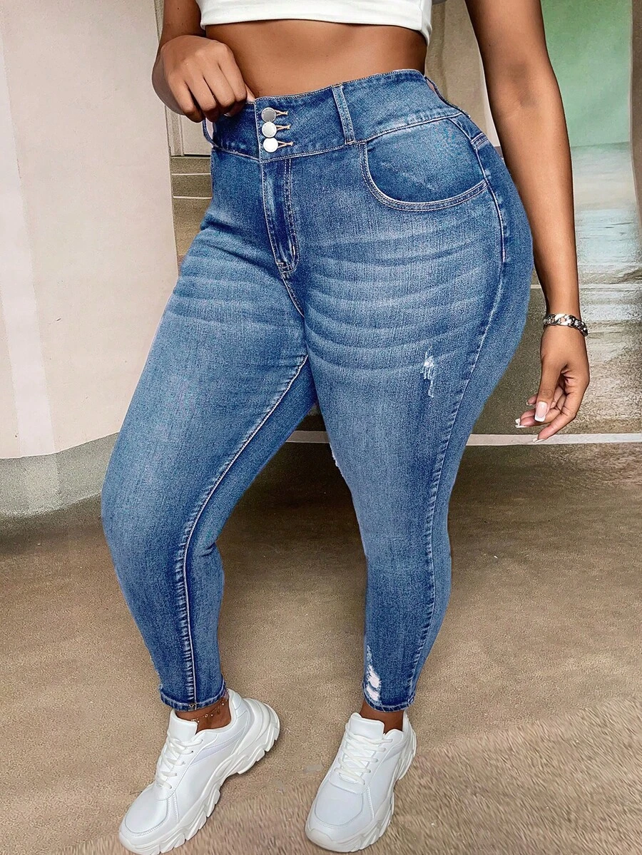 SHEIN SXY Quần jean skinny dáng rộng thoải mái dành cho nữ cỡ lớn - Rửa trung bình - Xem 1