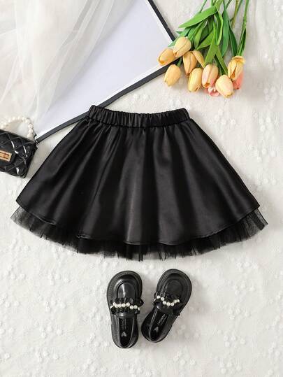 SHEIN Young Girl A - Line Leather Skirt. The Hem Is Decorated With Net Lace Accessories. It's Comfortable, Stylish, Elegant, Sweet, And Cute, A Must - Have For Daily And Outings.