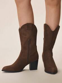 Styleloop Women's Pointed Toe Casual Fashion Chunky Heel Western Boots Valentine's Day - Coffee Brown - View 6